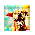 A colorful square acrylic block featuring an artistic depiction of a dog with a happy expression.